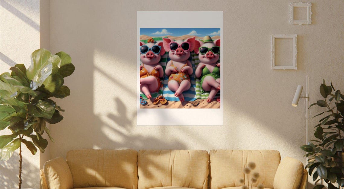 Three Funny Pigs in Sunglasses Sunbathing on Beach Day Poster