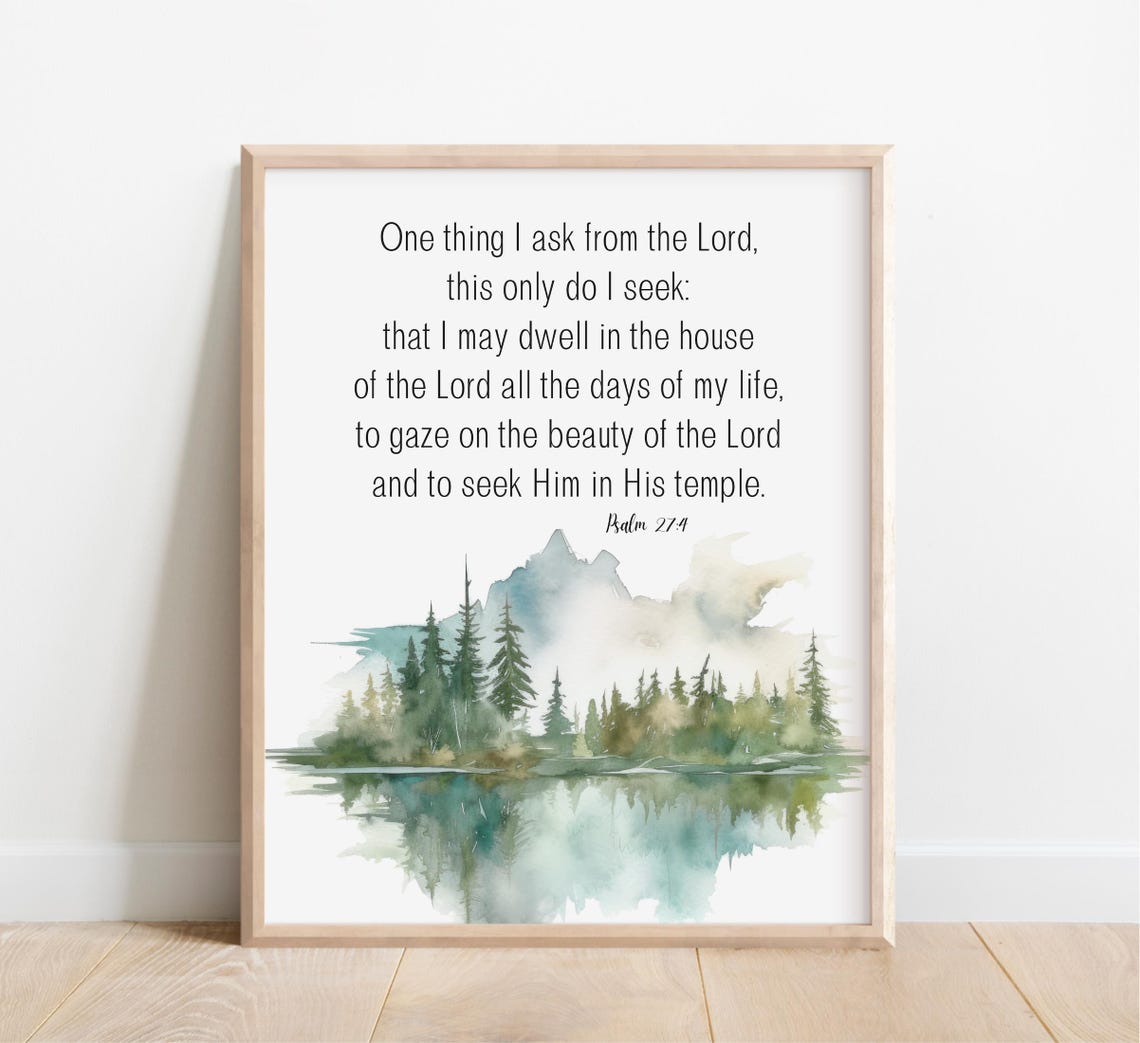 Psalm 27 4 Pine Forest Lake Mountain Watercolor Scripture Poster