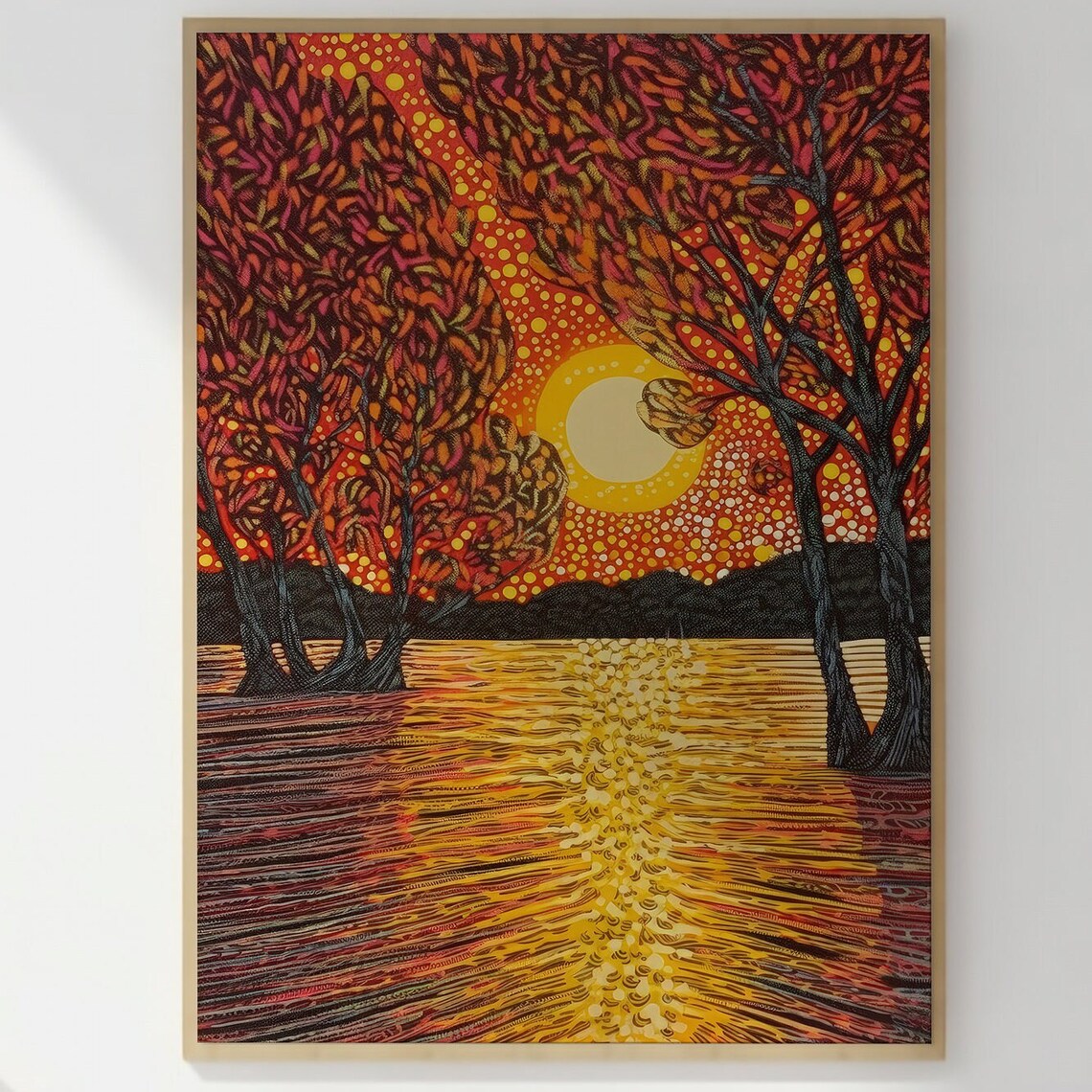 Fiery Orange Sunset Poster over Water with Autumn Trees in Dot Painting - Image 3