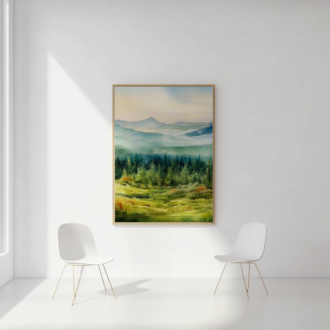 Misty Forest Valley Meadow Soft Green Watercolor Nature Wall Art - Image 2