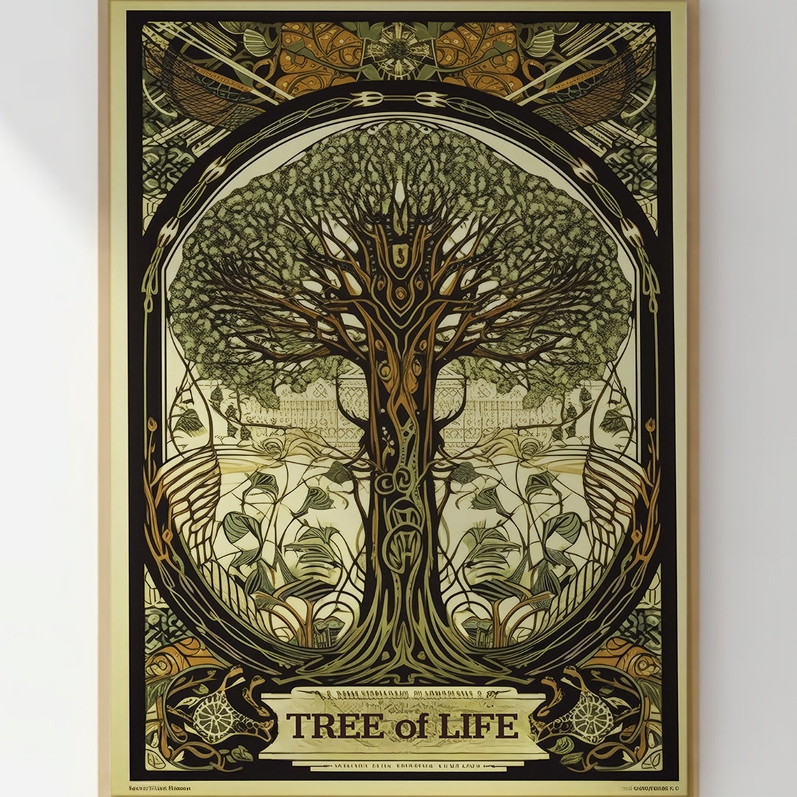 Tree of Life Art Nouveau Style Botanical Green and Gold Wall Art - Image 3