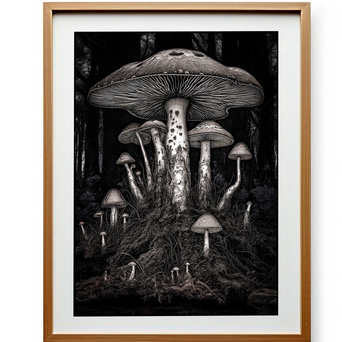 Gothic Black and White Mushroom Forest Dark Botanical Wall Art - Image 3