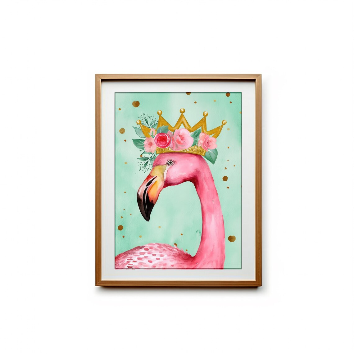 Pink Flamingo Wearing Gold Crown Watercolor Whimsical Bird Art Poster - Image 2