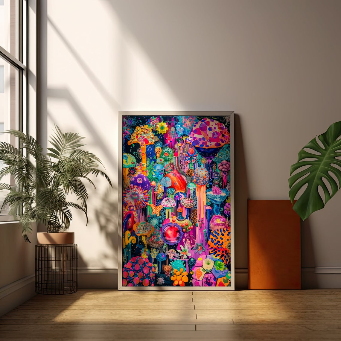 Psychedelic Neon Mushroom Black Light Trippy Surreal Wall Art - Image 2