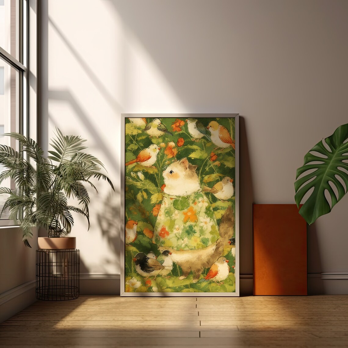 Cute Cat in Floral Dress Watercolor Art Print with Songbirds Nursery - Image 2