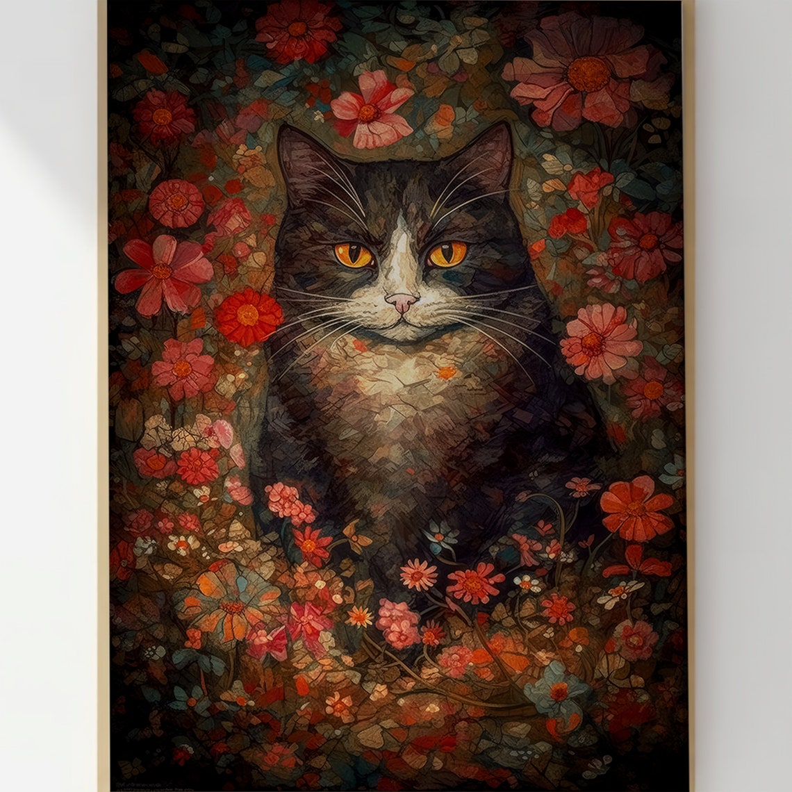 Tuxedo Cat Portrait Surrounded by Red Blooming Flowers Poster - Image 3