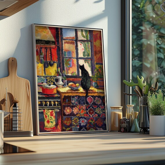 Colorful Kitchen with Black Cat Matisse Inspired Vibrant Art Print