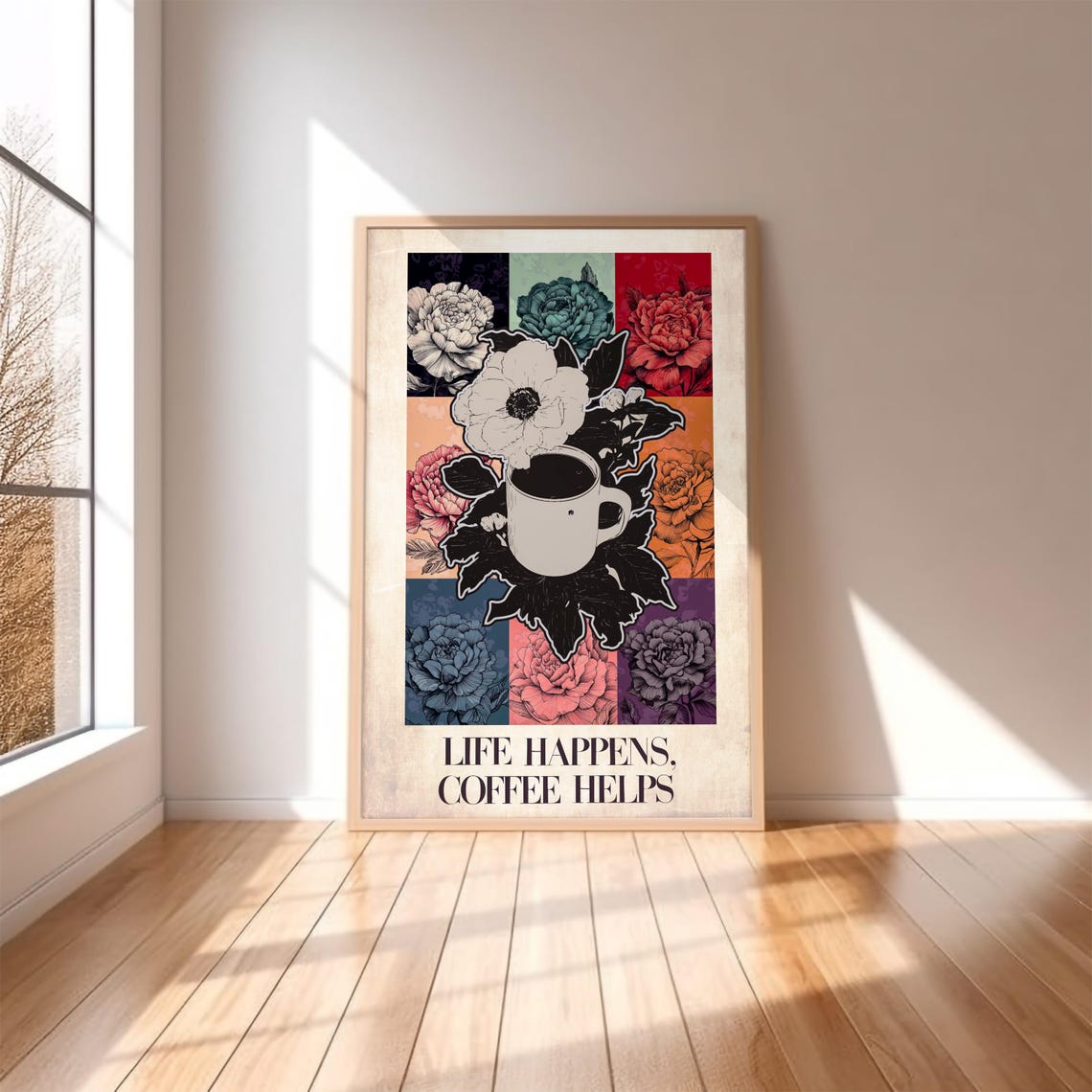 Life Happens Coffee Helps Vintage Floral Botanical Quote Poster - Image 2