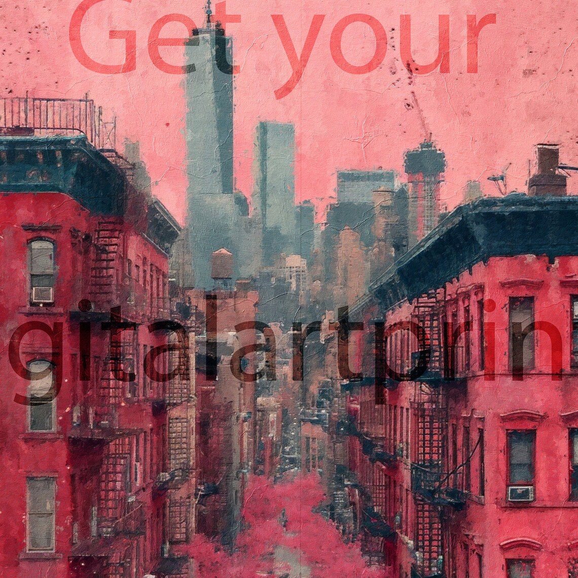 Surreal Red New York City Street Fire Escapes Cherry Blossom Poster - Image 3