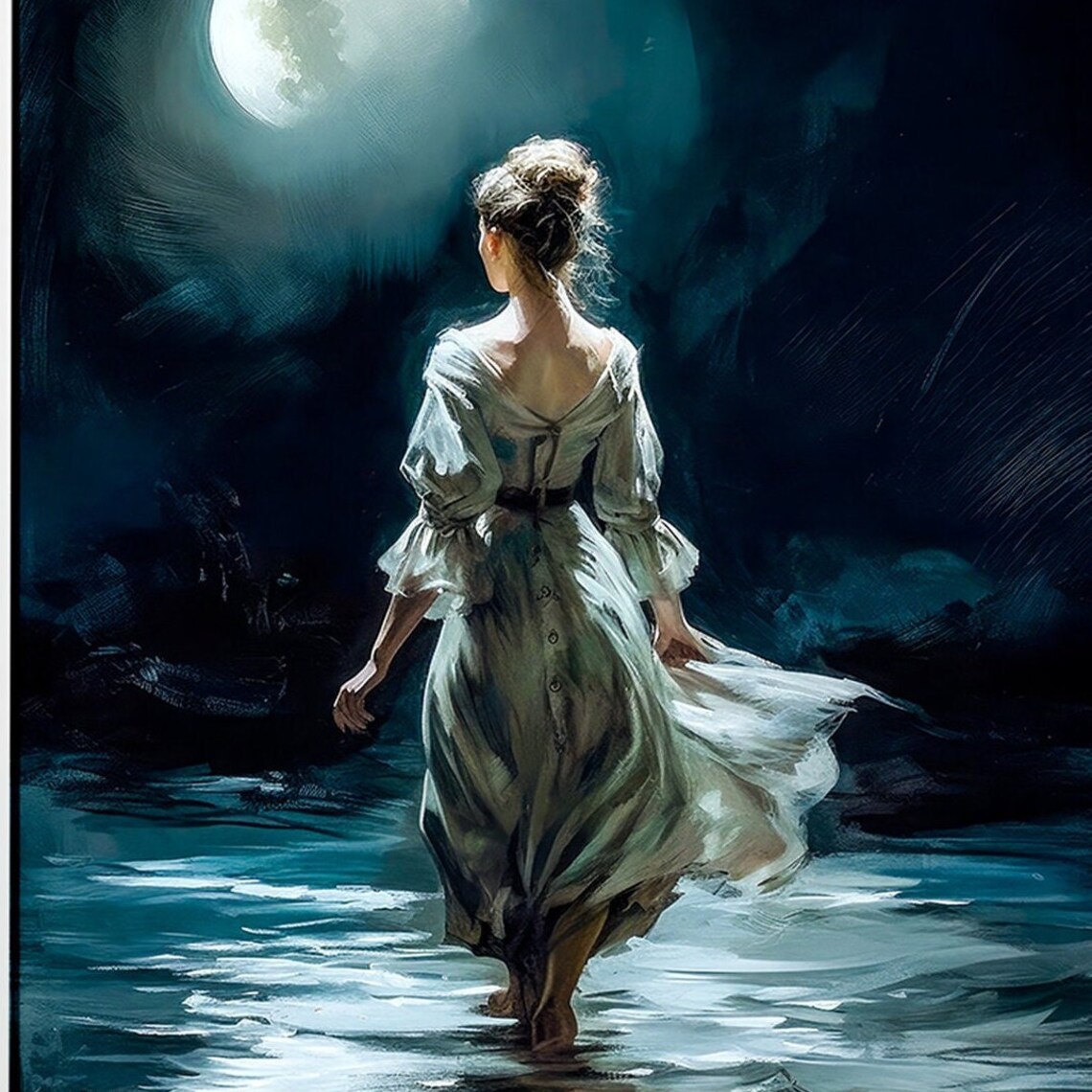 Moonlit Woman in White Dress Walking Dark Water Painting Print - Image 3