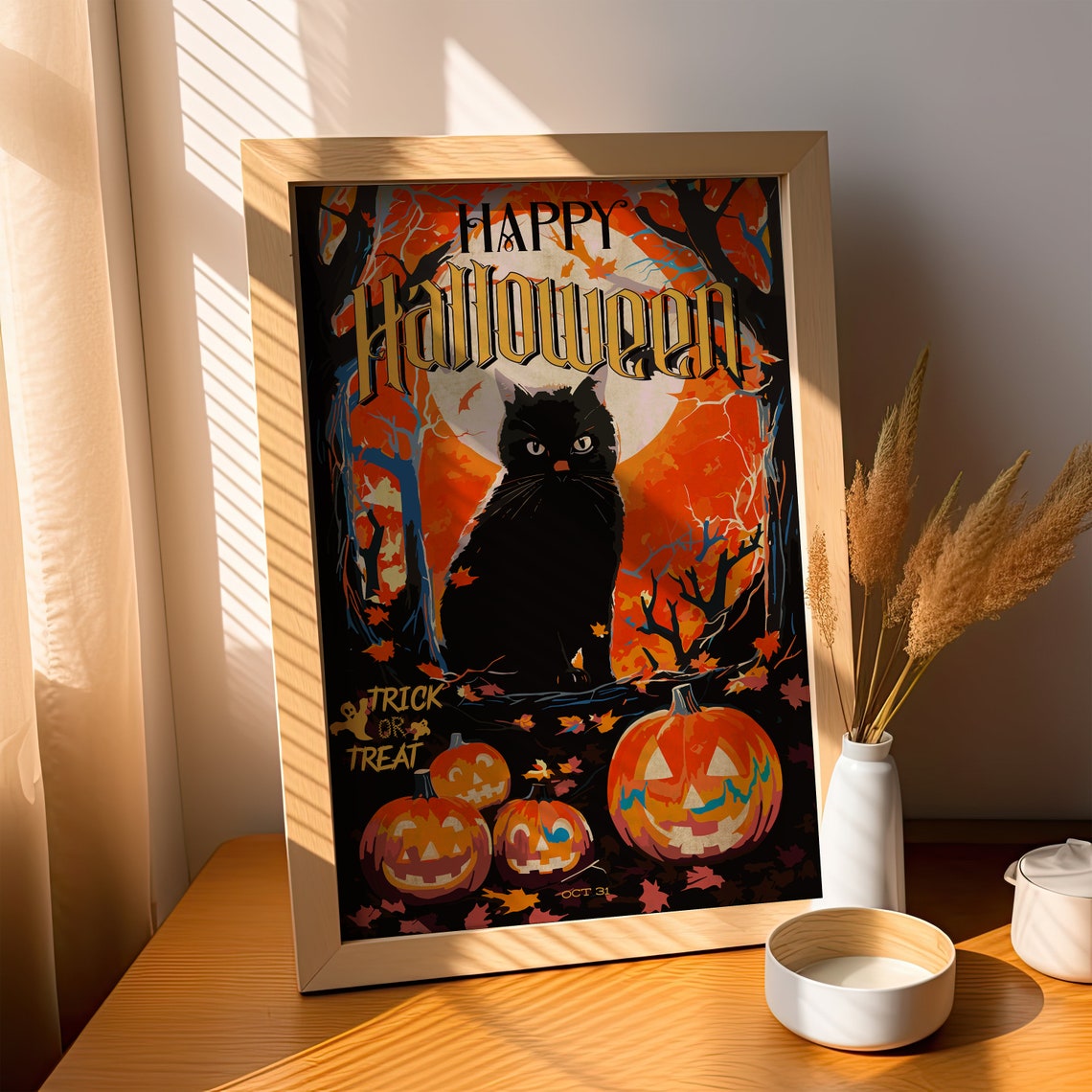 Happy Halloween Black Cat Trick or Treat Vintage Style Poster - Image 2