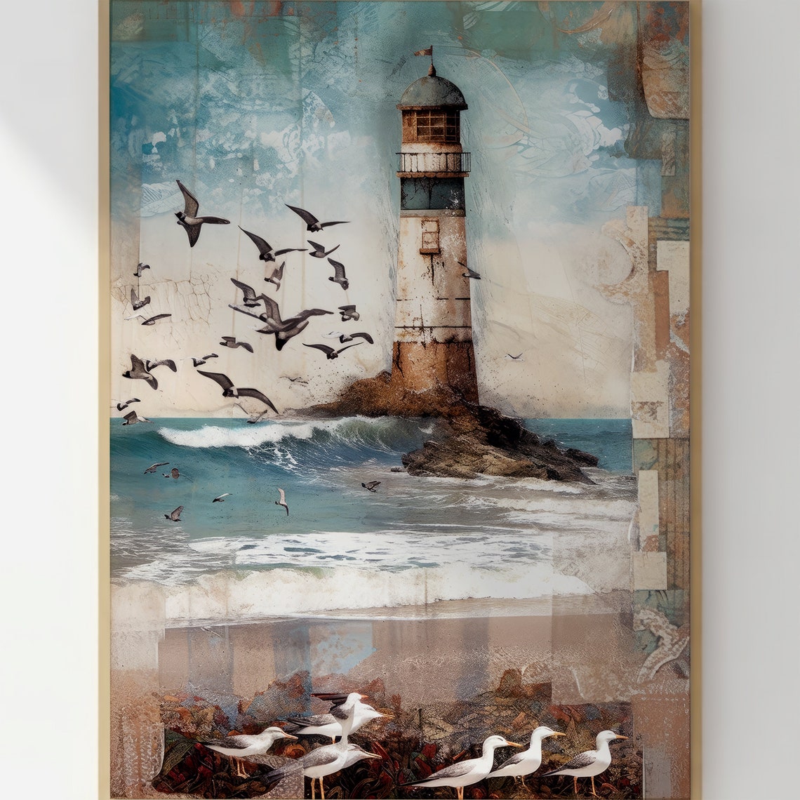 Vintage Lighthouse Coastal Beach Seagulls Collage Art Poster - Image 3
