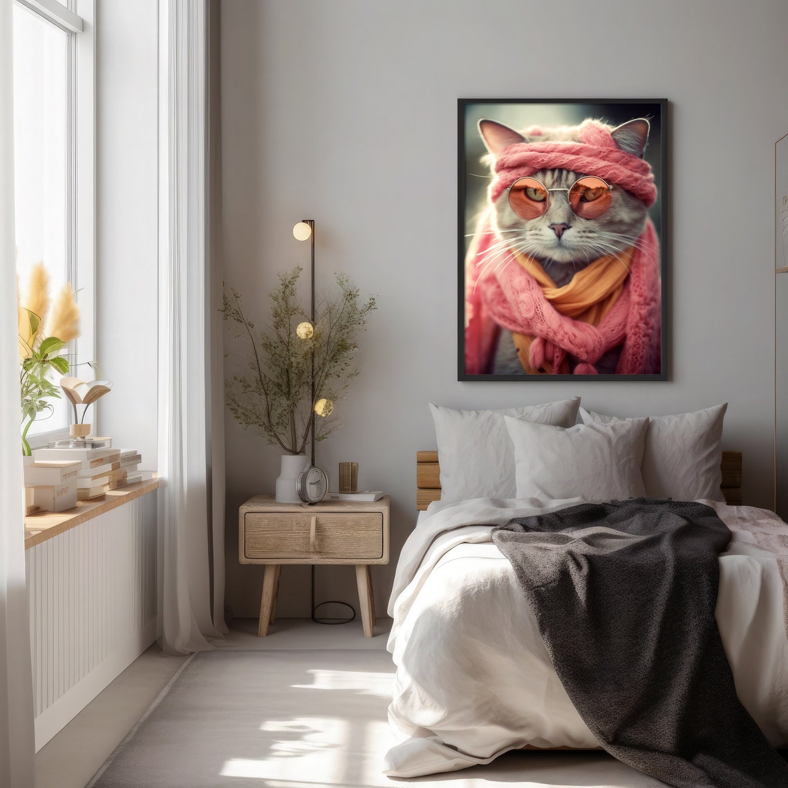 Funny Cat in Pink Knit Hat and Round Sunglasses Quirky Wall Art - Image 2