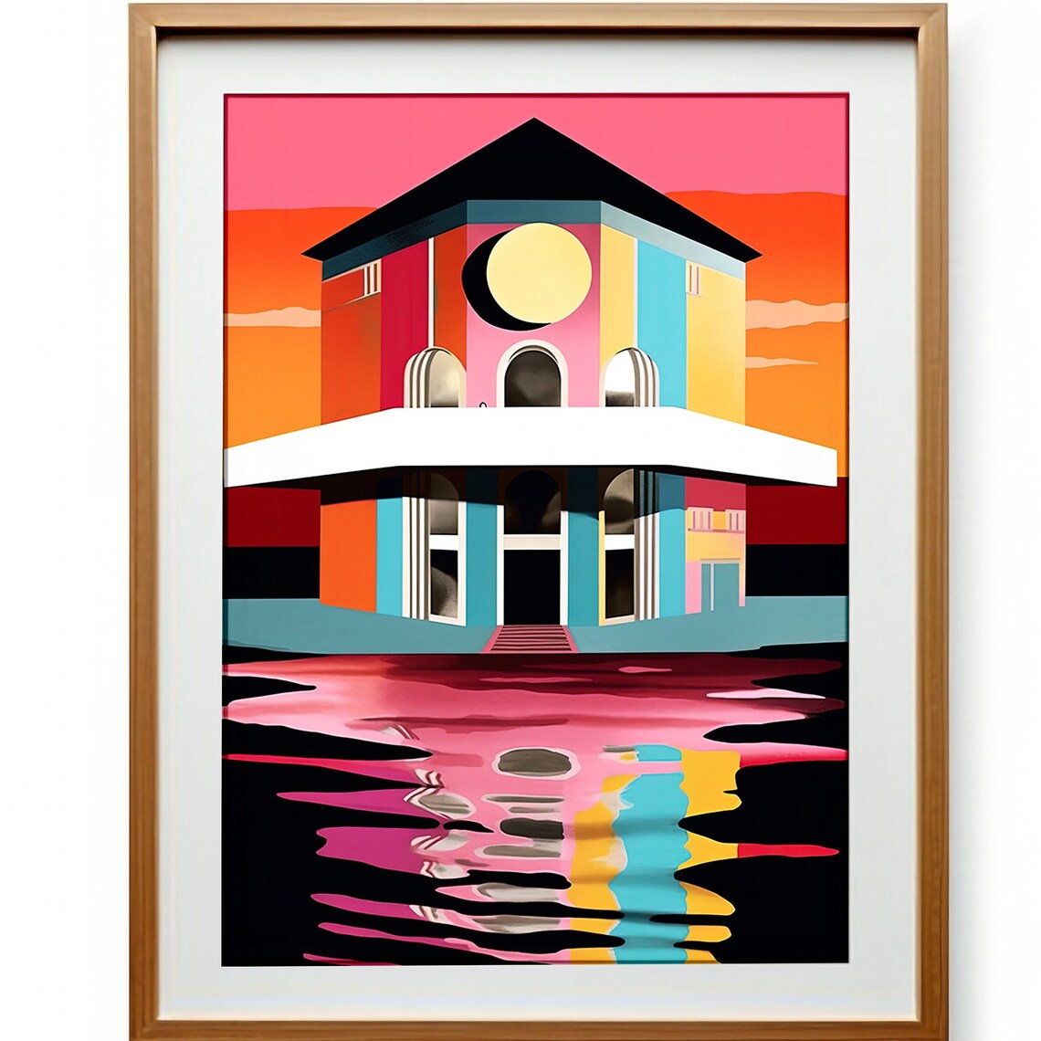 Colorful Geometric Villa by the Water in a Blazing Neon Sunset Poster - Image 3