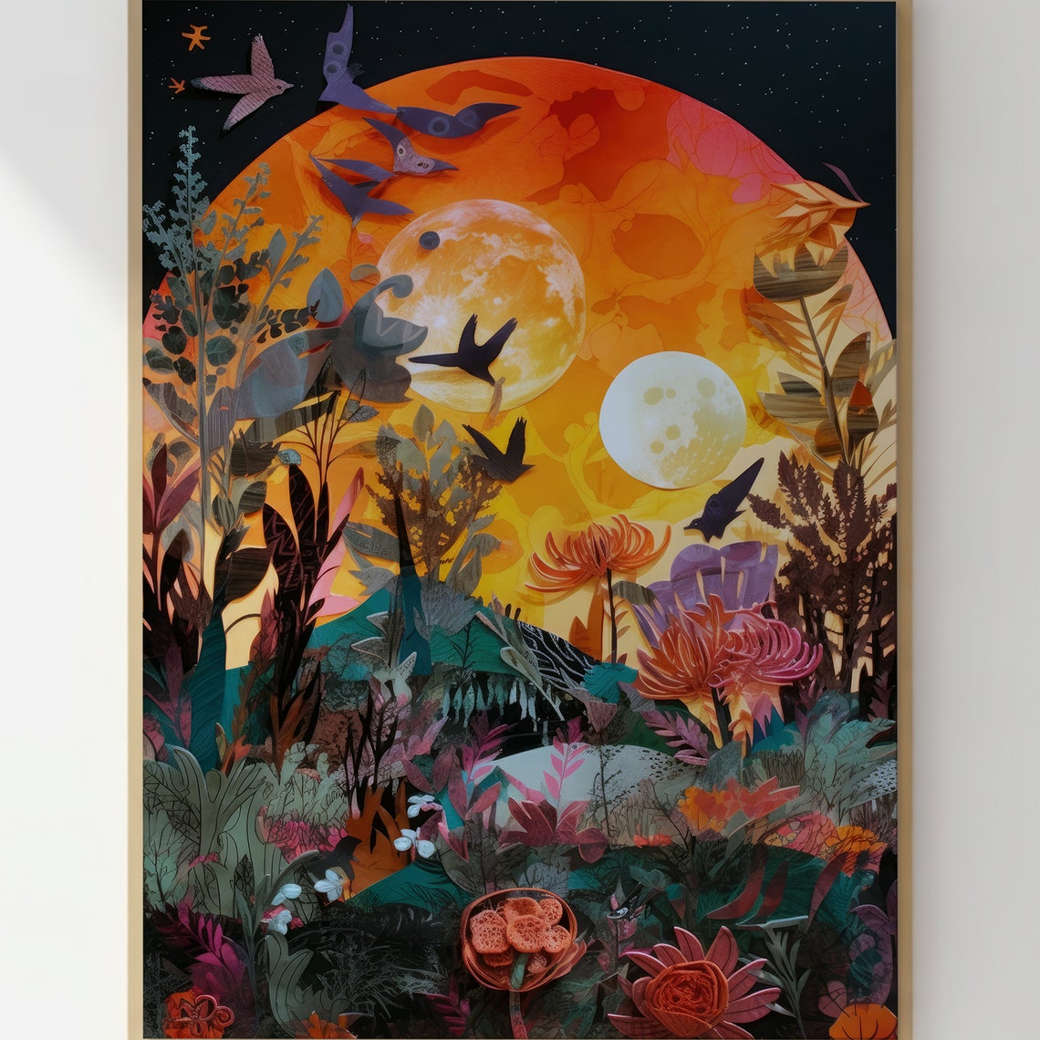 Retro Futuristic Space Collage Sun Moons Birds Layered Art Print - Image 3