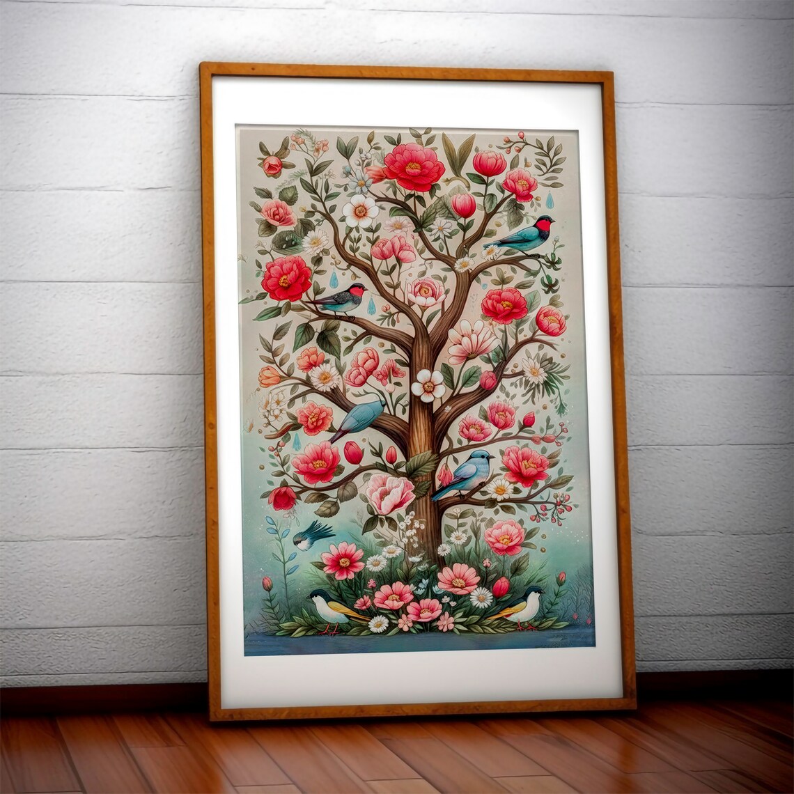 Tree of Life Watercolor Poster with Pink Blossoms and Blue Songbirds - Image 2
