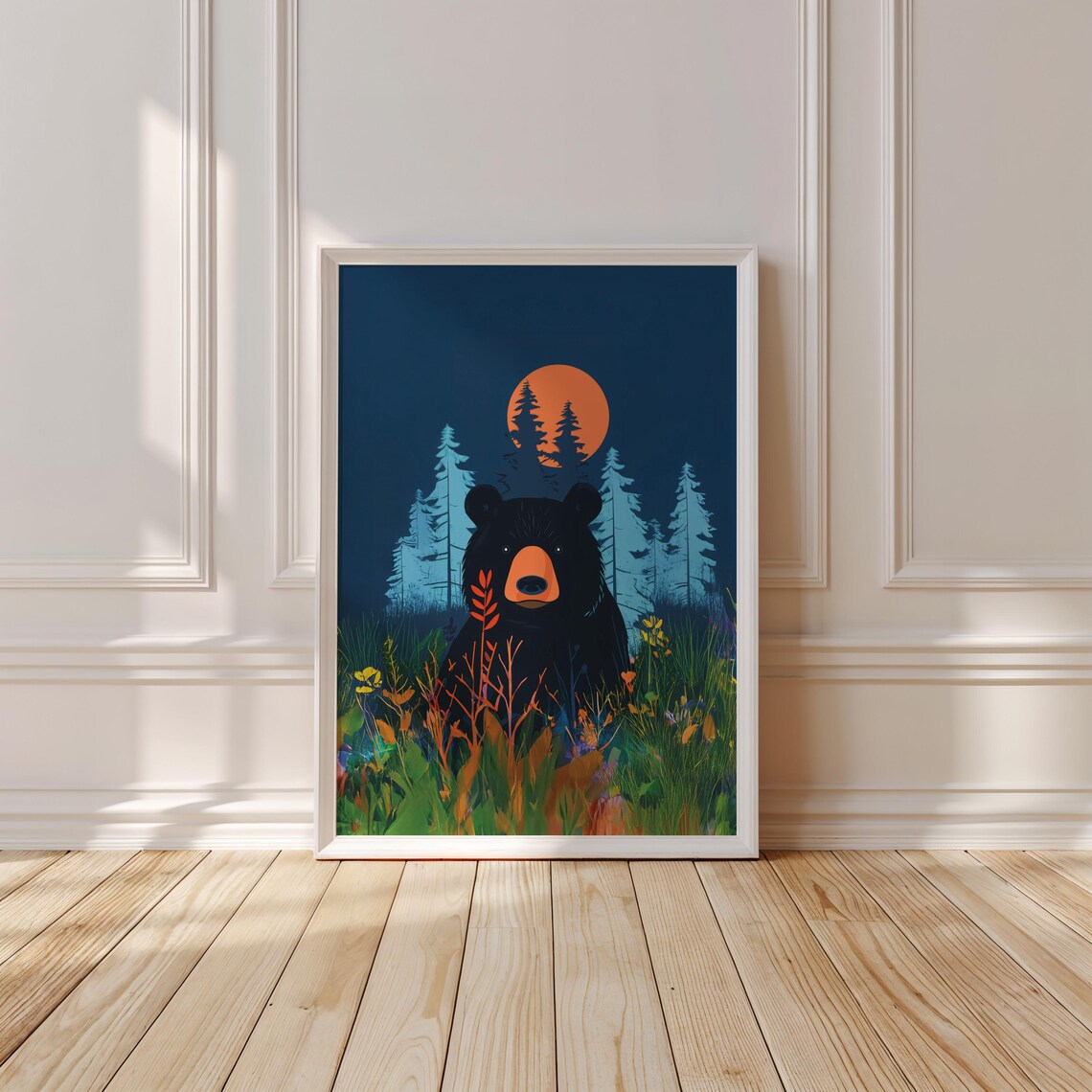 Black Bear Among Wildflowers Under an Orange Moon Forest Night Poster