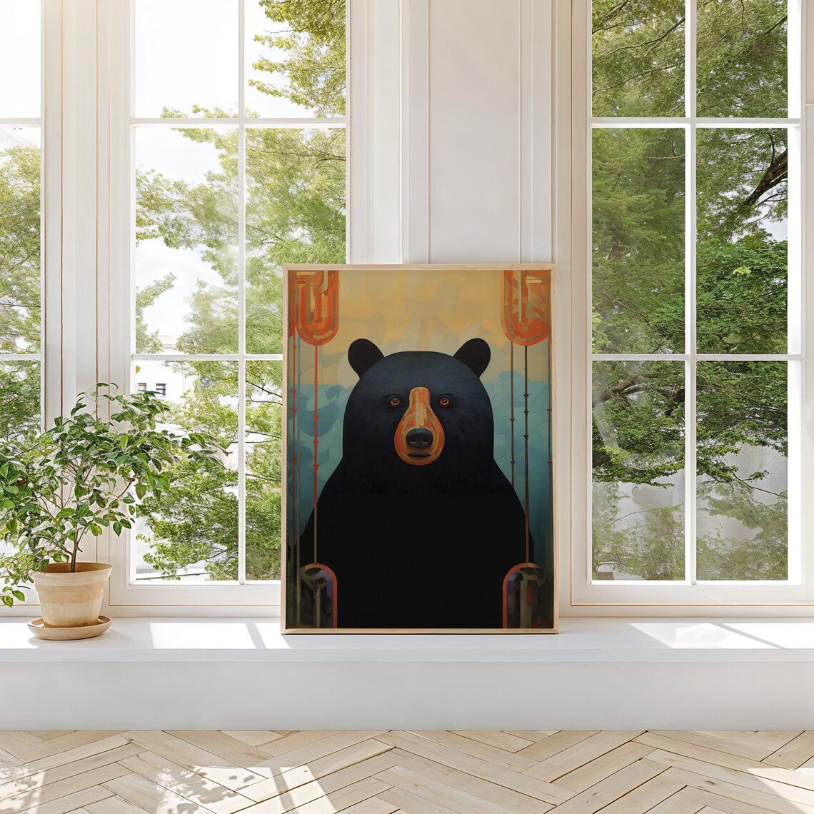 Bold Black Bear Portrait With Art Deco Lantern Motifs Modern Art Print - Image 3
