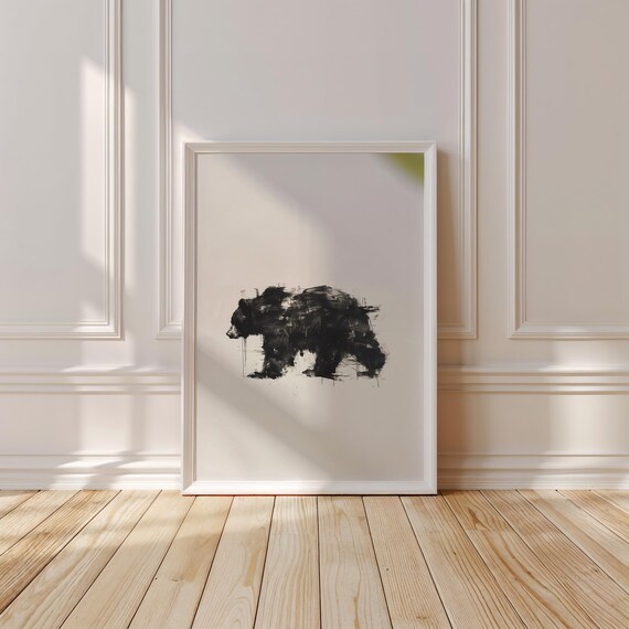 Expressive Black Ink Brushstroke Bear Minimalist Modern Art Poster