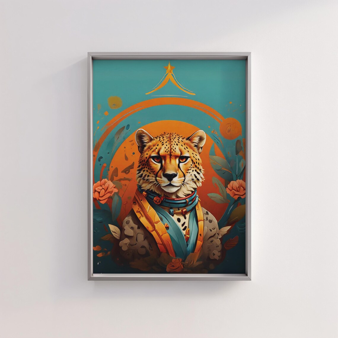 Regal Cheetah Portrait Poster with Floral Accents in Teal and Orange - Image 3