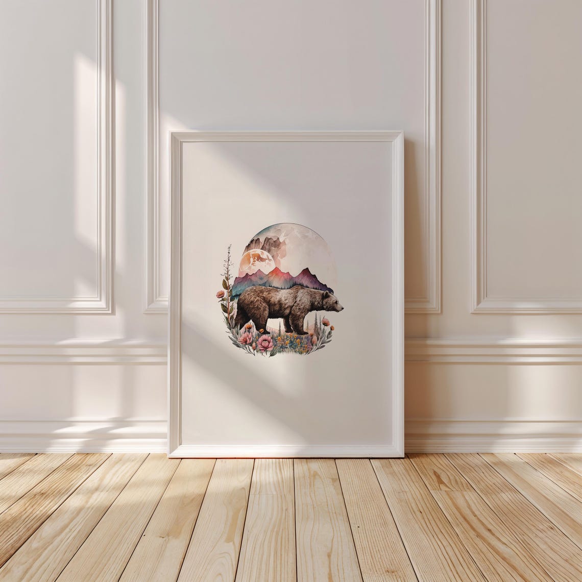 Brown Bear Walking Beneath Mountains in a Round Botanical Scene Print