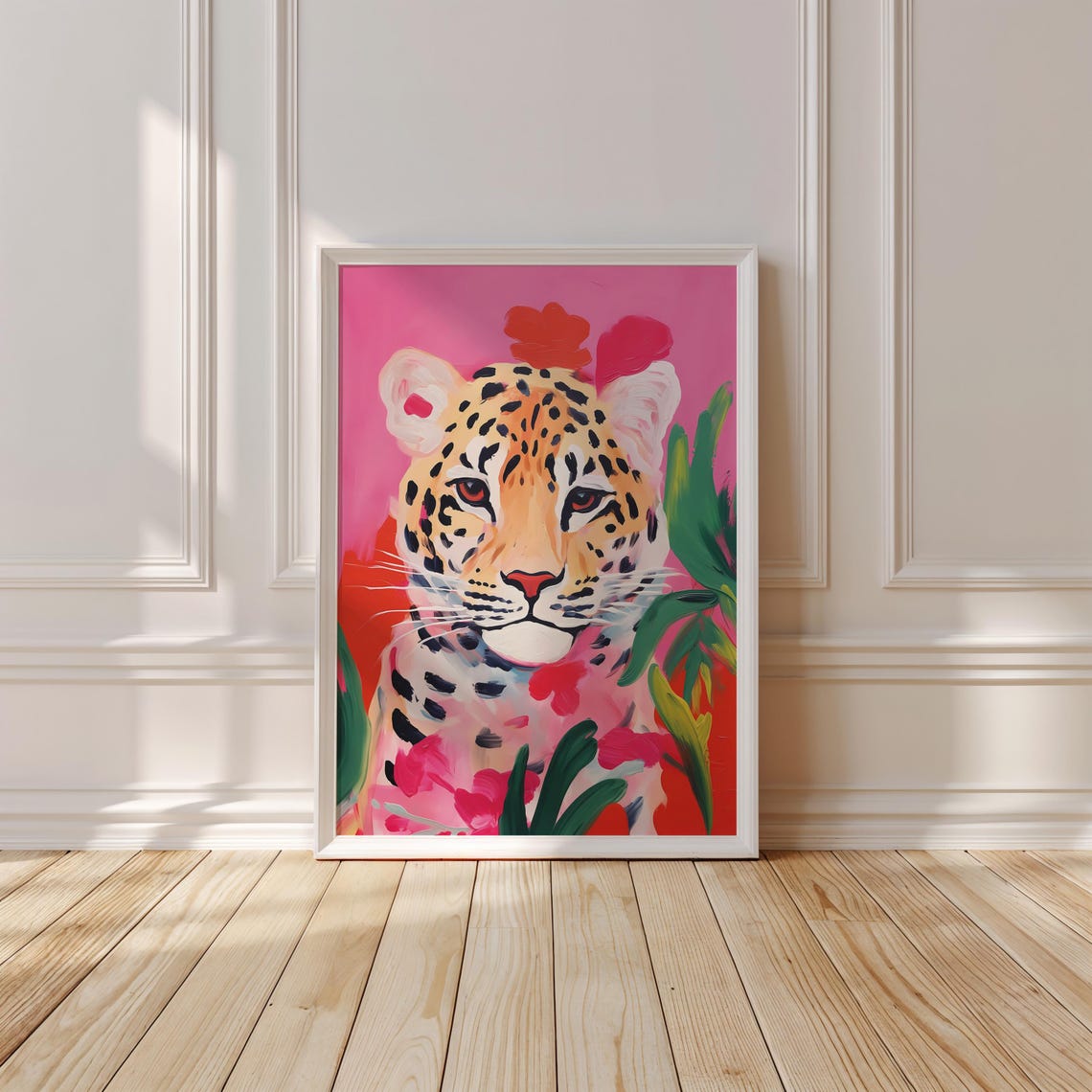 Bold Painterly Leopard Face on a Pink Tropical Background Art Poster