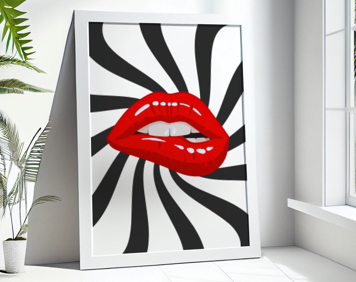 Red Lips Pop Art Poster Black White Swirl Psychedelic Wall Decor Piece