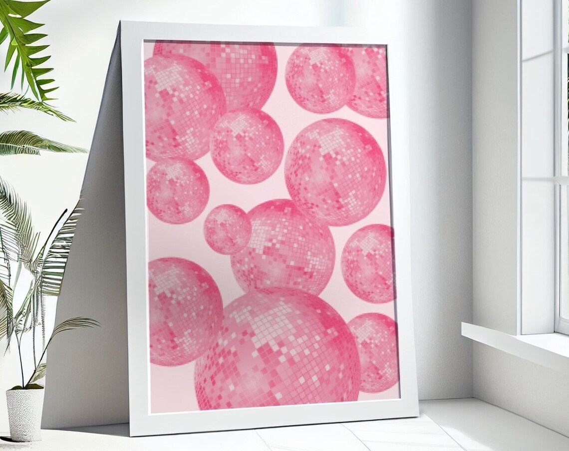 Fun Pink Disco Ball Pattern Retro Party Glam Mirror Ball Poster