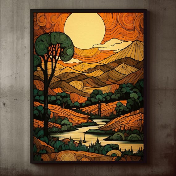 Poster Abstract Wood Style Forest Nature Wall Art Print Mountain Landscape Sun Surreal Swirl Boho Midcentury Modern Decor