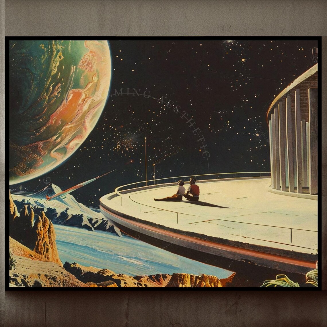 Retro Futurism Space Date Couple Under Giant Planet Stars Poster