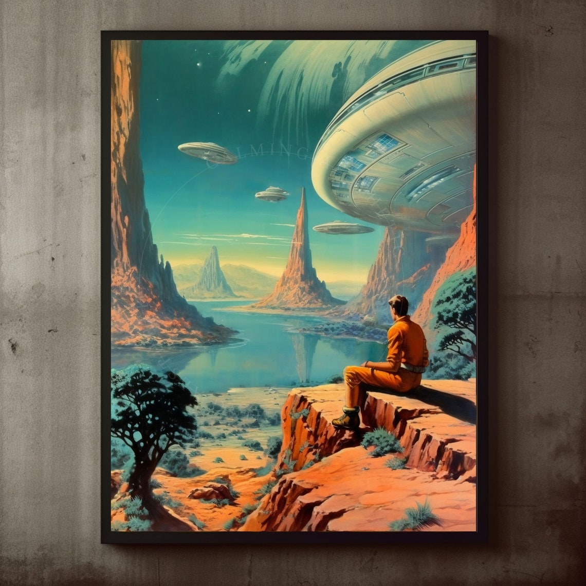 Retro SciFi Spaceman Overlooking Alien Planet Vintage Poster