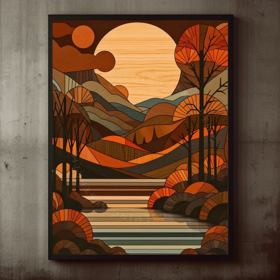 Poster Abstract Wood Style Forest Nature Wall Art Print Nordic Midcentury Modern Mountain Landscape Surreal Boho