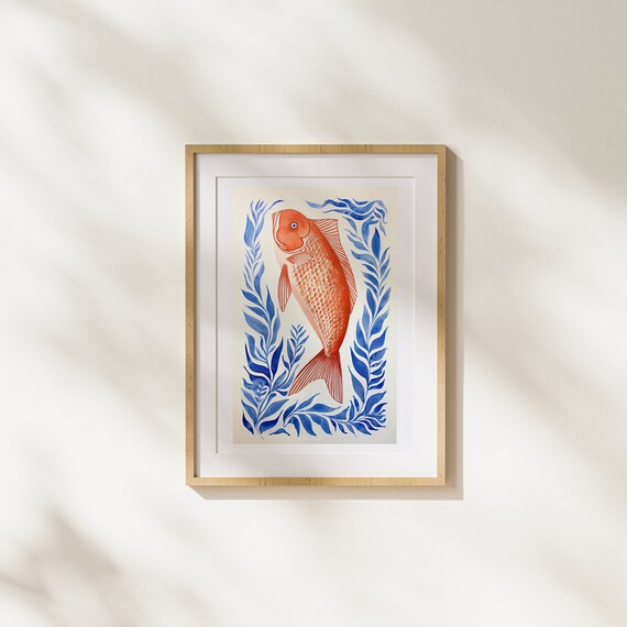 Fish Sea Animal Painting Plants Underwater World Red Blue Art Illustration Unique Wall Nature