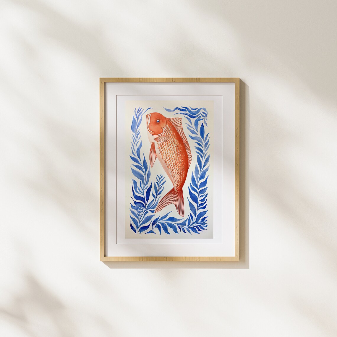 Bold Red Fish Among Blue Leaves Traditional Woodblock Style Poster