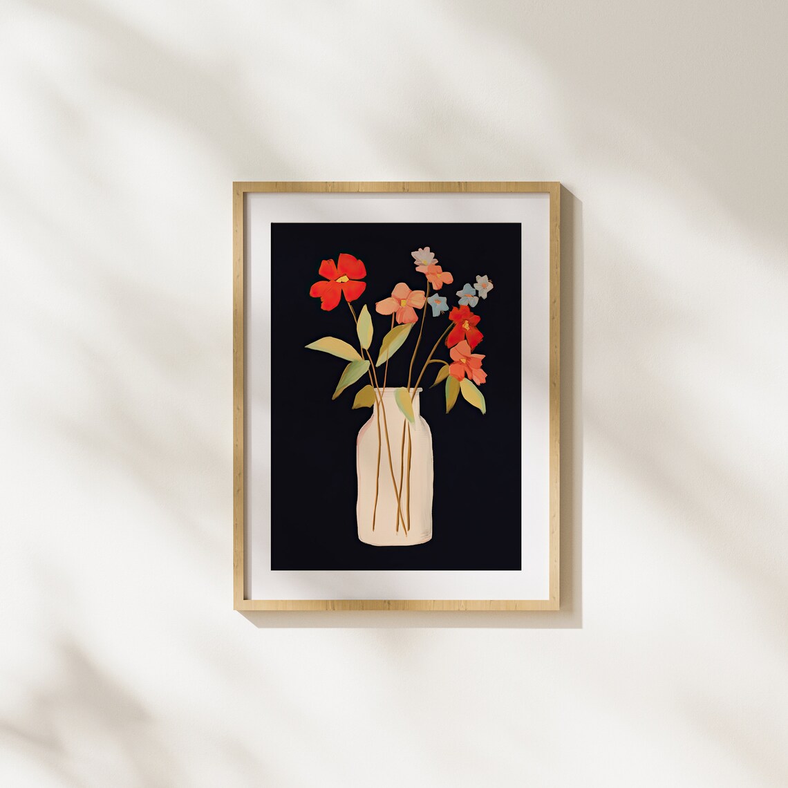 Red Blooms in White Vase on Black Modern Floral Still Life Poster