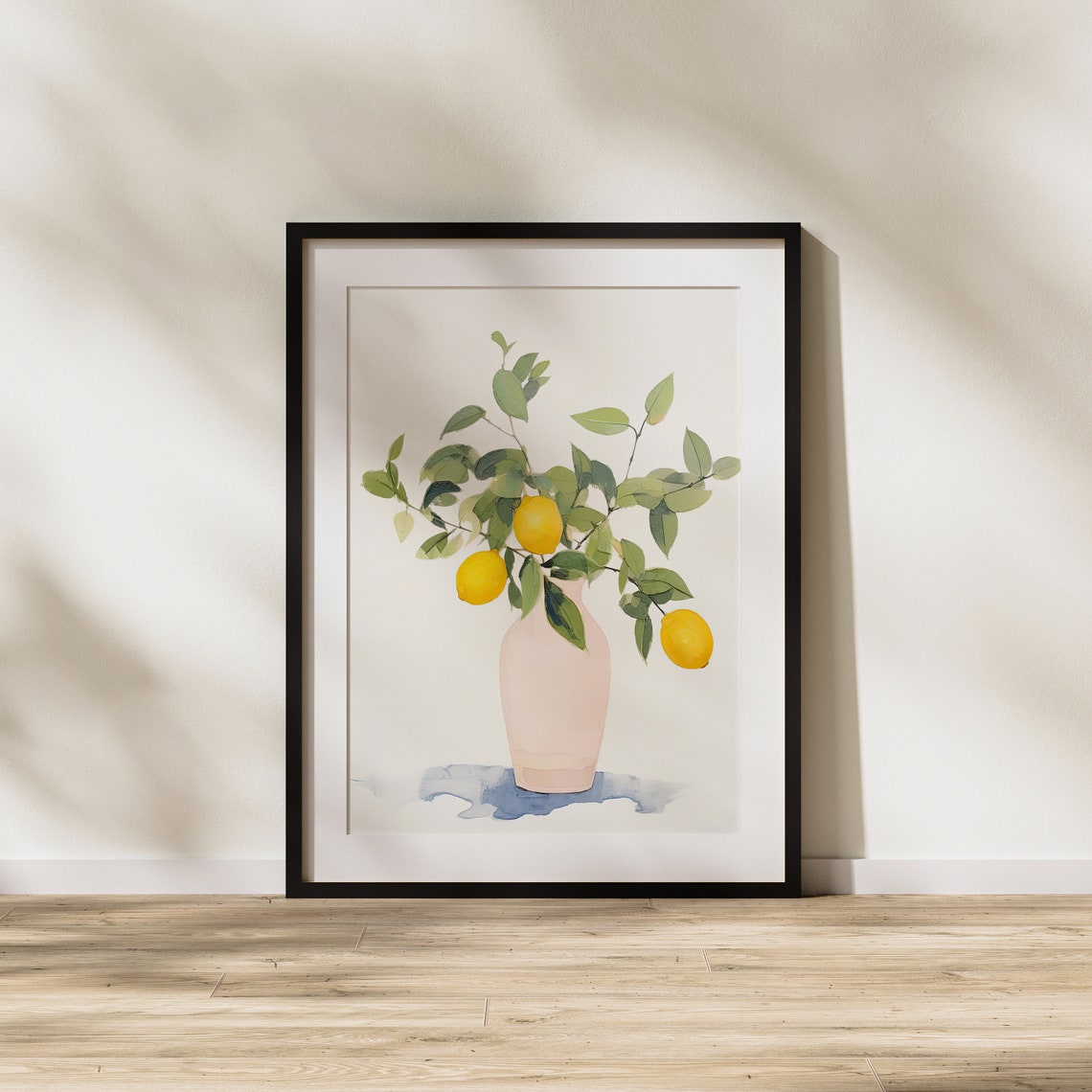 Lemon Sprig in Pink Vase with Soft Blue Shadow Minimal Art Poster - Image 3
