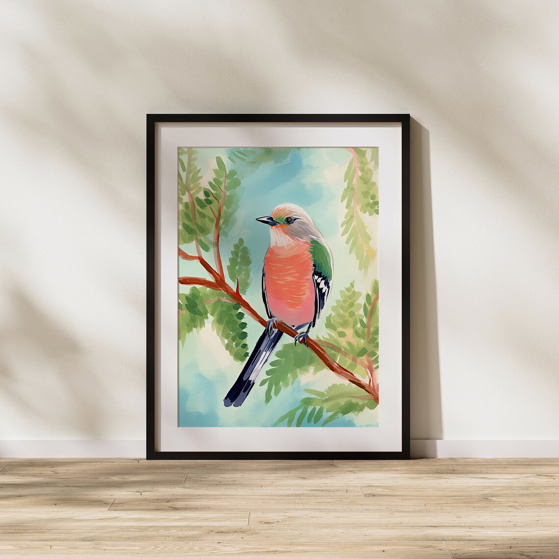 Colorful Songbird on Branch with Green Leaves Tropical Bird Art Poster - Image 2