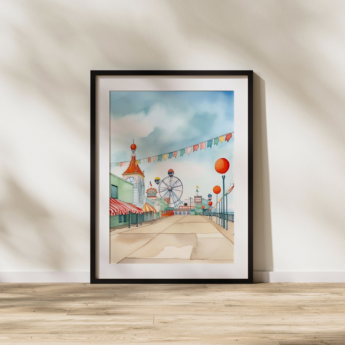 Nostalgic Seaside Boardwalk With Ferris Wheel Watercolor Art Poster - Image 2