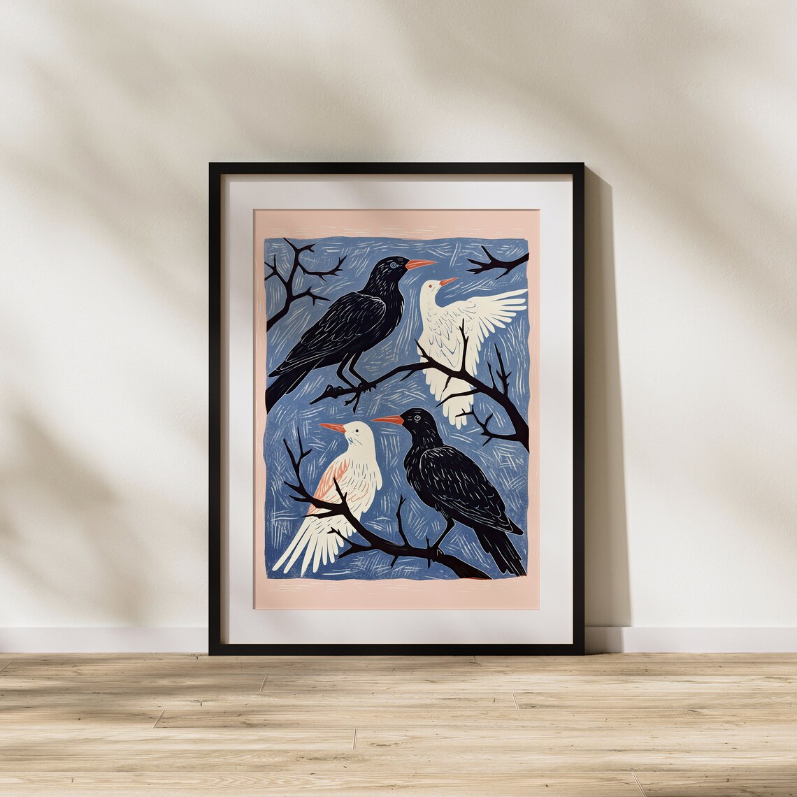 Black And White Crows With Orange Beaks Night Branch Art Poster - Image 2