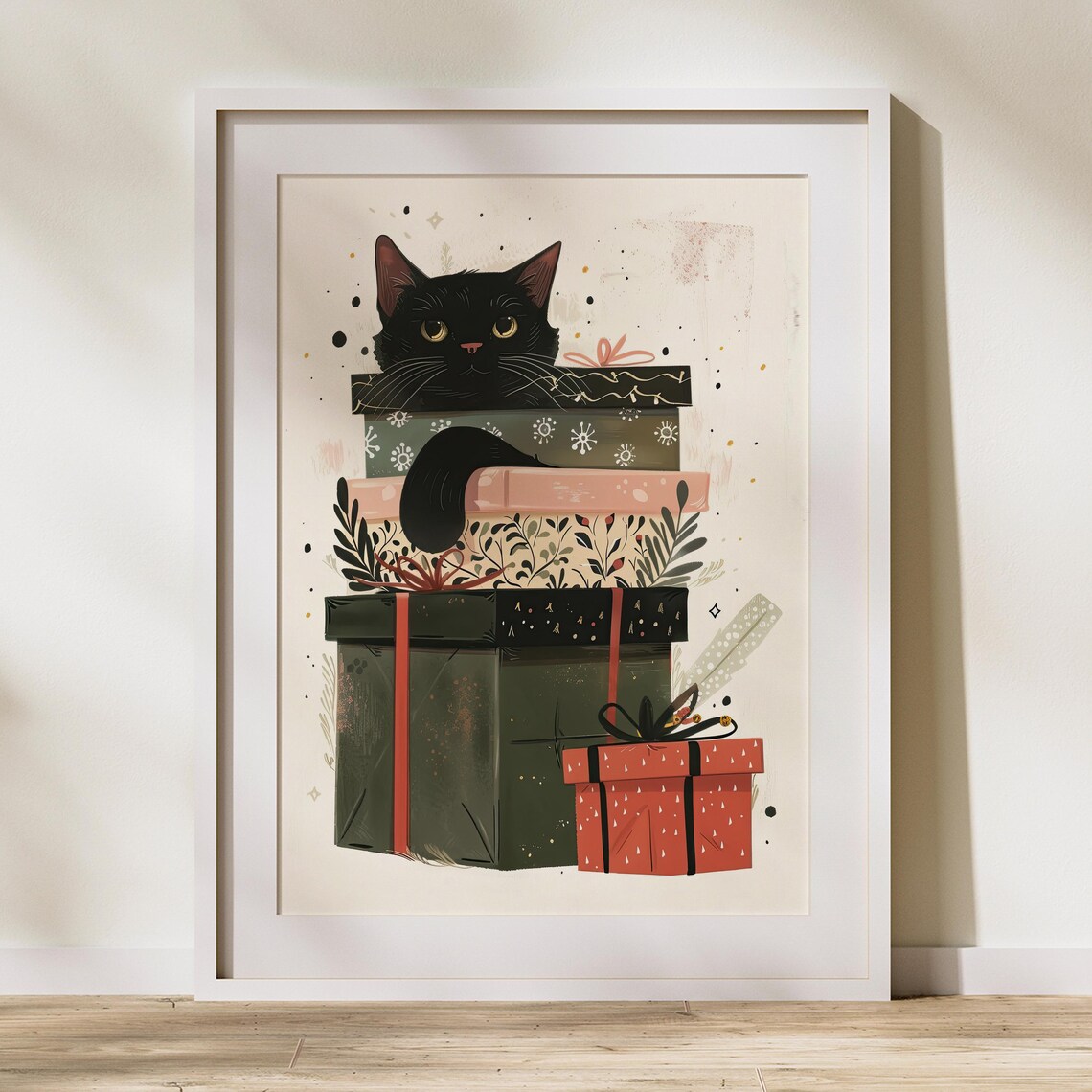 Black Cat Peeking Over Stack Of Christmas Gifts Whimsical Holiday Art Poster - Image 2