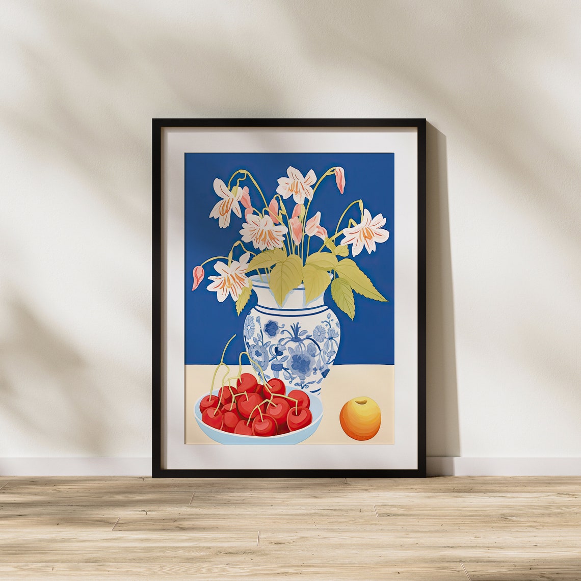 Blue White Porcelain Vase With Cherries Vibrant Still Life Poster - Image 2