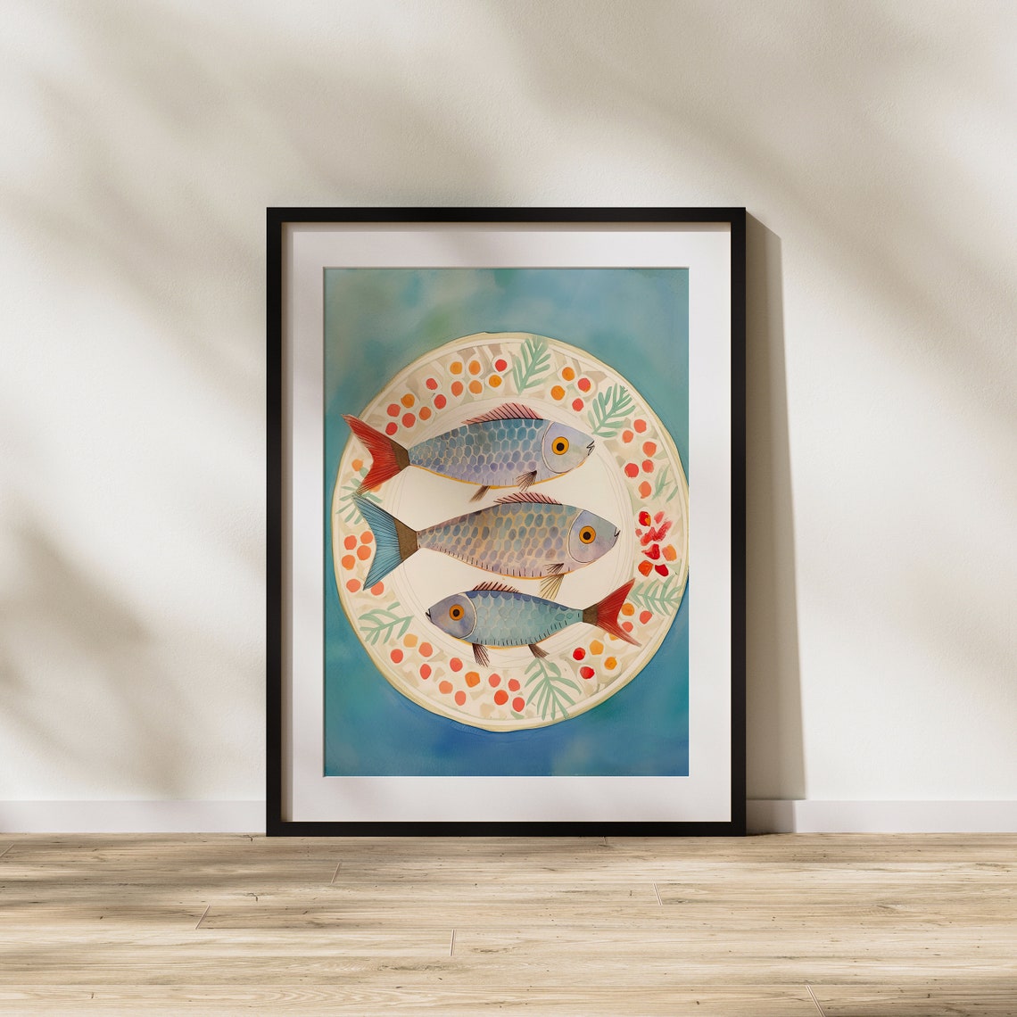 Three Sardines on Decorative Plate Folk Art Coastal Kitchen Poster - Image 3