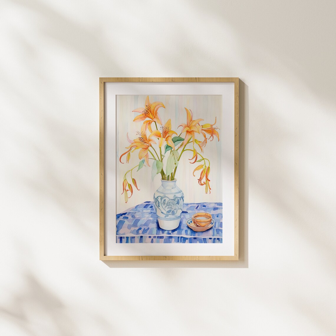 Orange Lilies in Blue Porcelain Vase Floral Still Life Poster