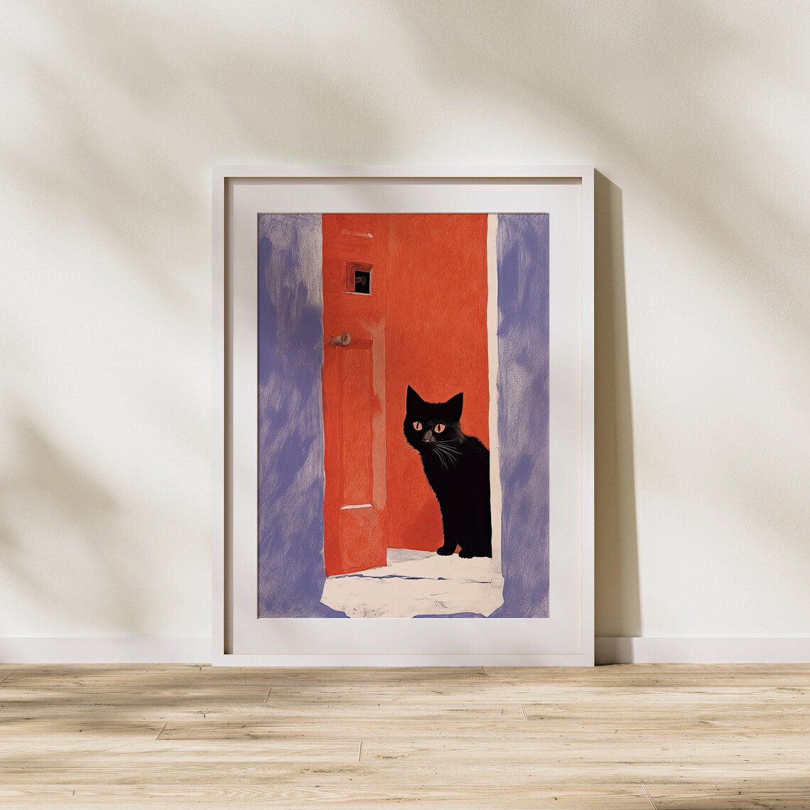 Black Cat Peeking From Behind Red Door Playful Animal Art Poster - Image 2