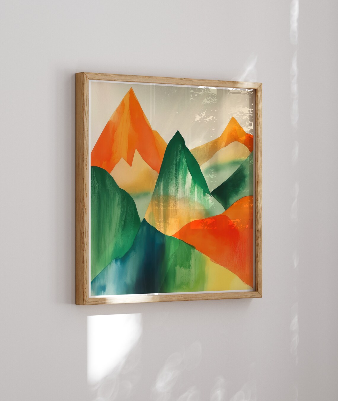 Geometric Watercolor Mountain Peaks in Orange and Green Poster - Image 2