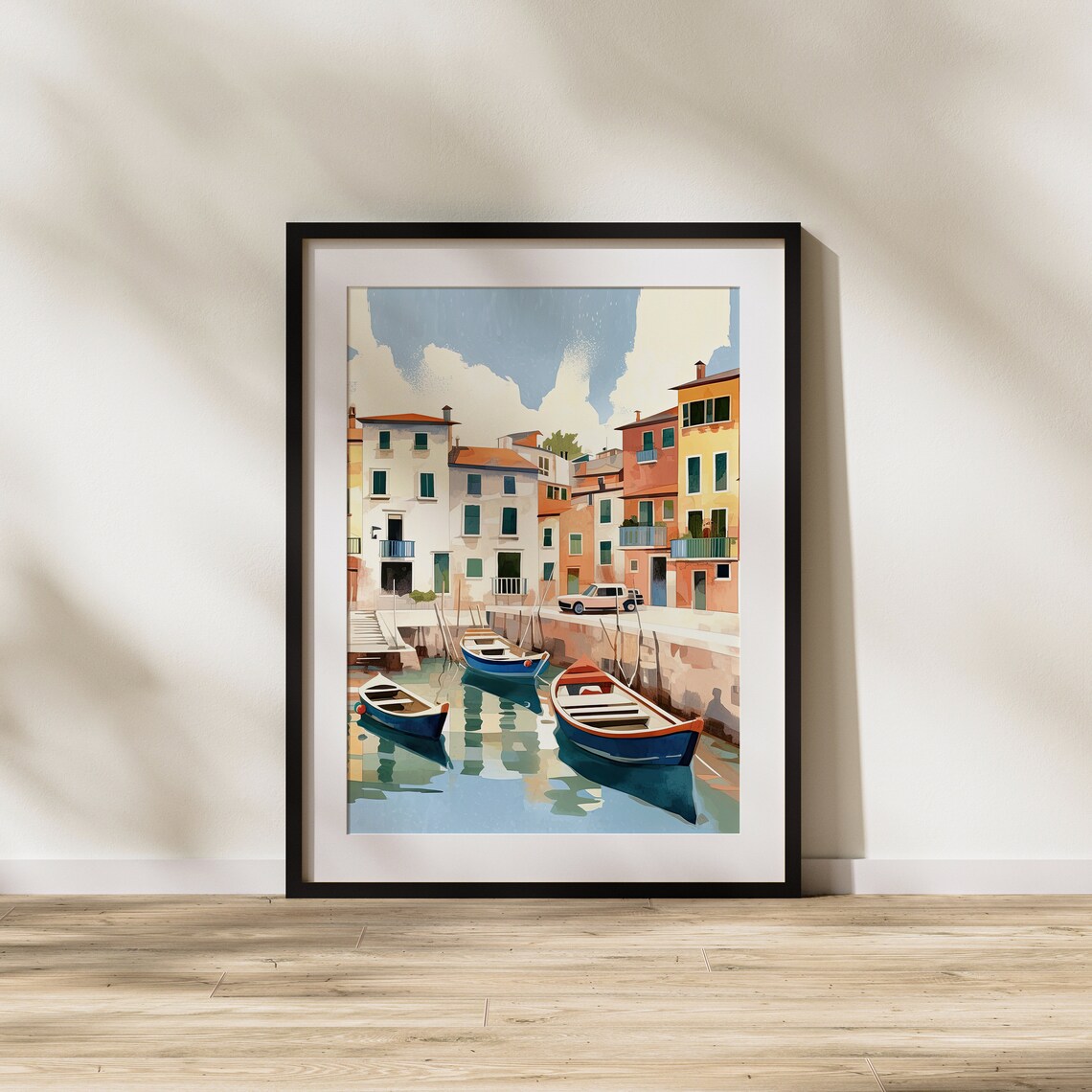 Mediterranean Harbor with Colorful Boats and Pastel Houses Poster - Image 2