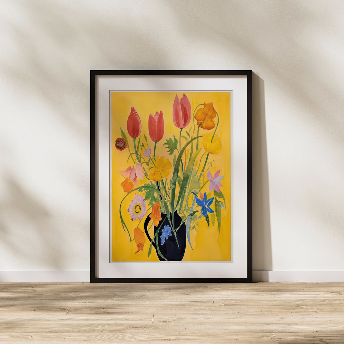 Bold Yellow Background Floral Bouquet Black Vase Modern Art Poster - Image 2