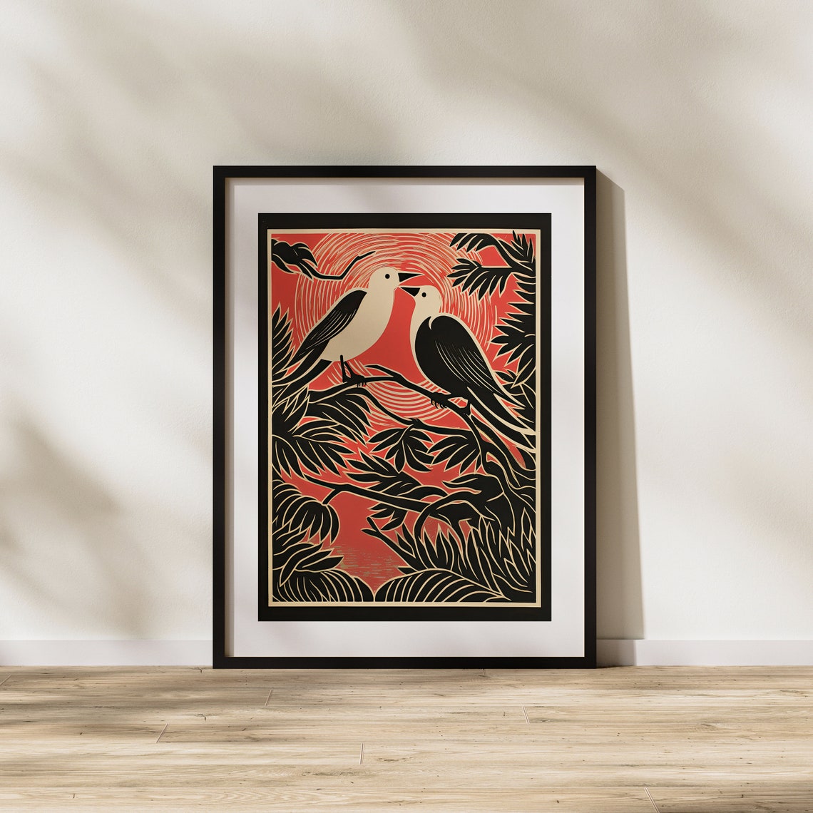 Two Woodcut Birds Facing Each Other Against Glowing Red Sun Poster - Image 2
