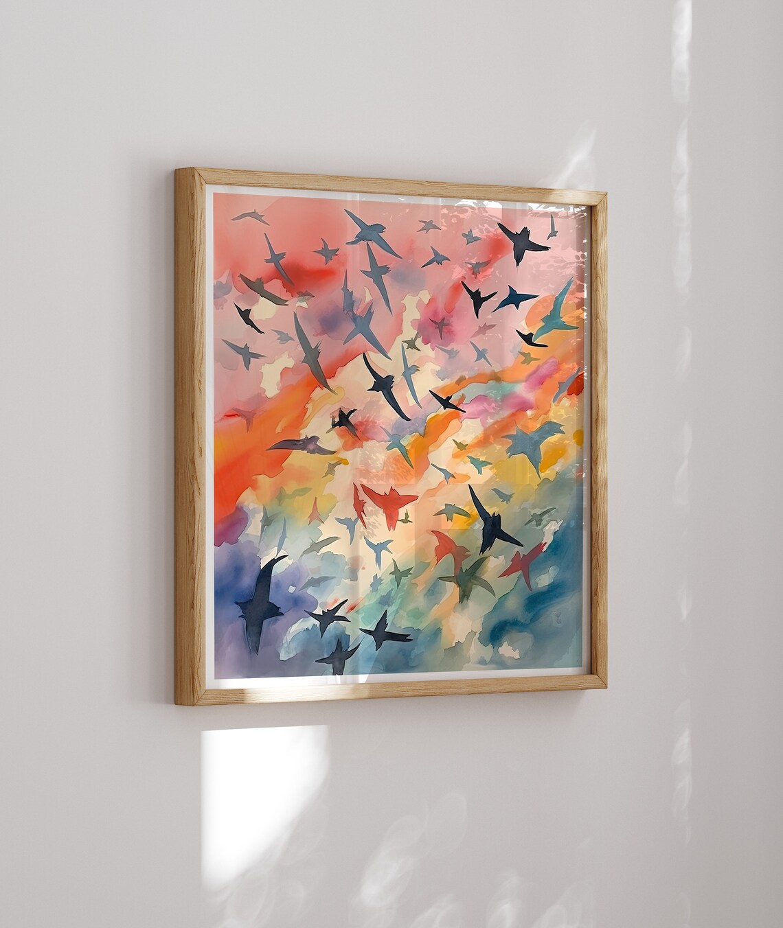 Flock Of Birds Flying Across A Colorful Sunset Sky Watercolor Poster - Image 2