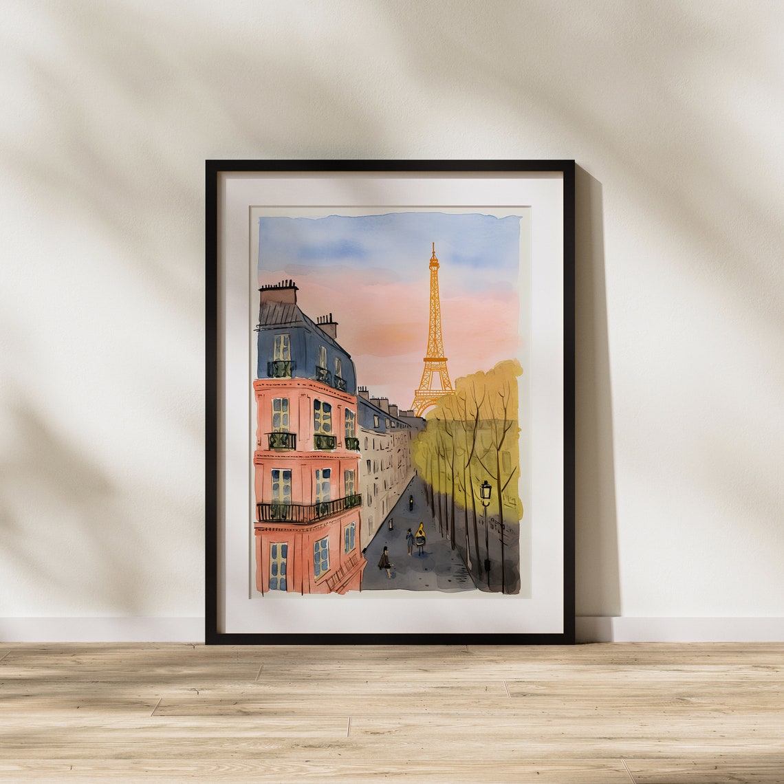 Paris Eiffel Tower Street at Sunset Watercolor Cityscape Art Poster - Image 3
